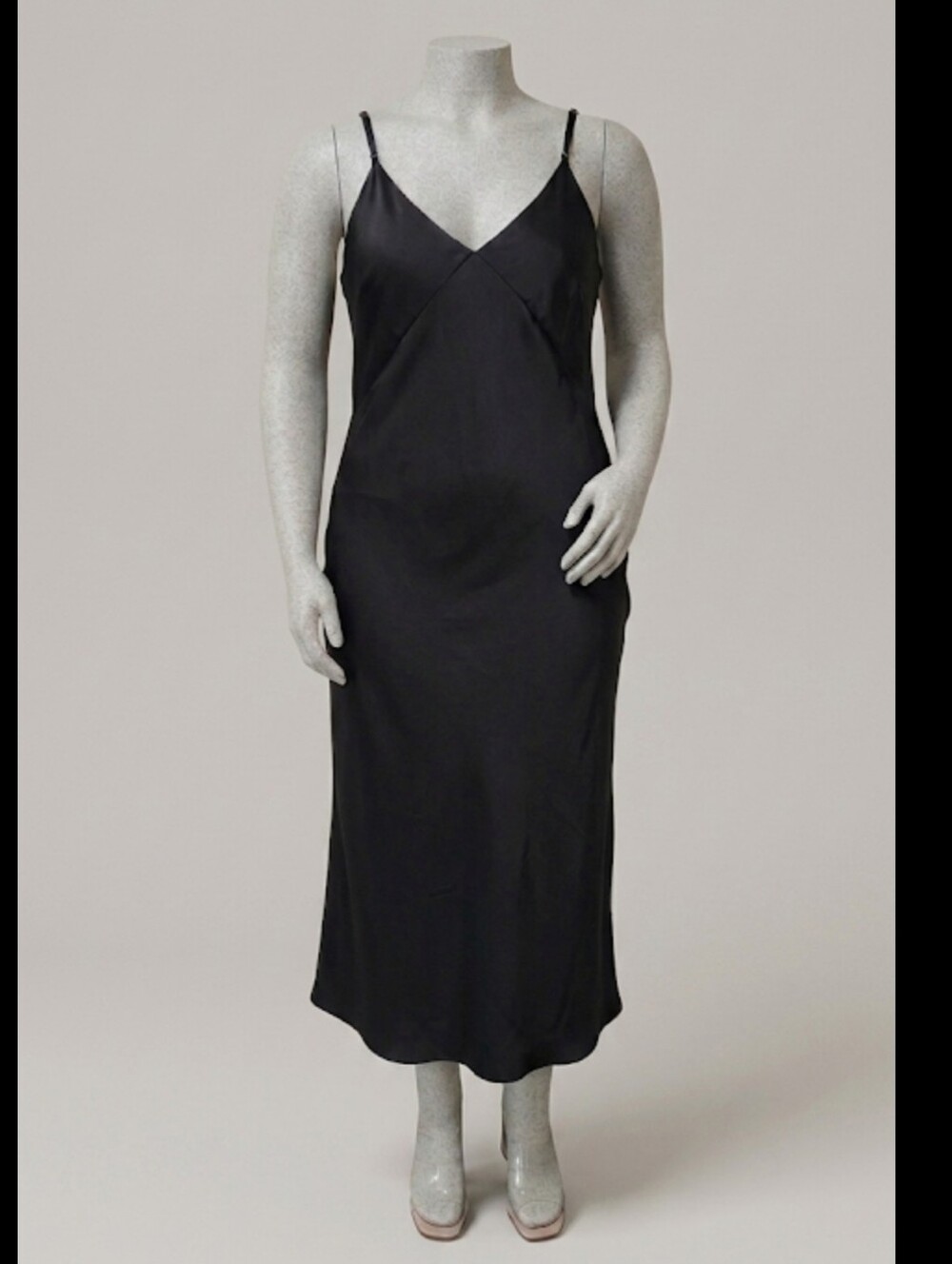 a new day Black  Silky Satin Midi Slip Dress with V-Neck and Adjustable Straps